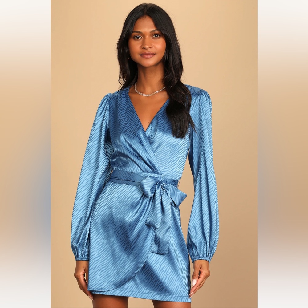 Lulus Wild for Love Blue Zebra Print Faux Wrap Mini Dress